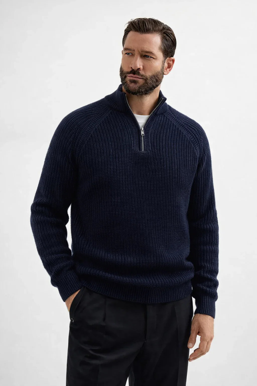 Wool sweater with half zip